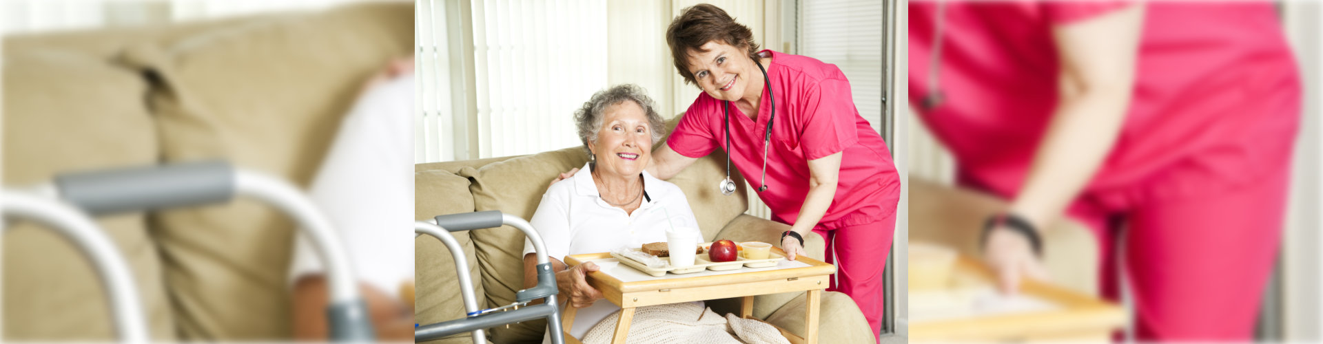caregiver and senior with food tray